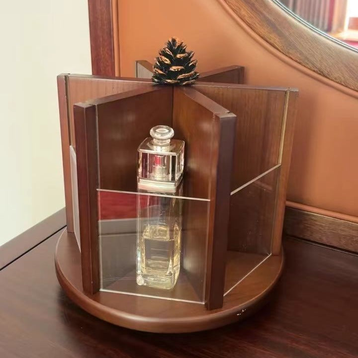 Walnut Storage Box Retro Elegant Rotating Cosmetic Skincare Vanity Desktop Organizer Shelf