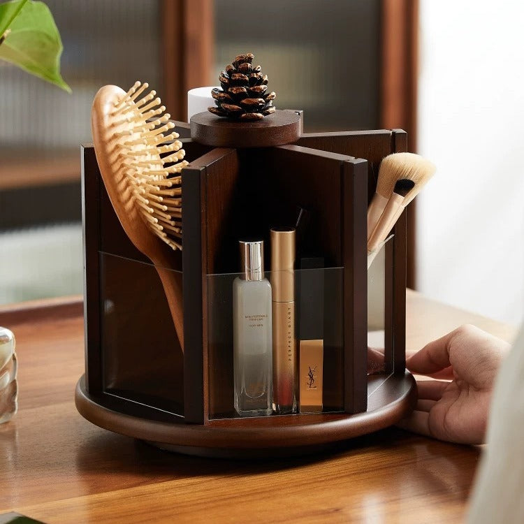 Walnut Storage Box Retro Elegant Rotating Cosmetic Skincare Vanity Desktop Organizer Shelf