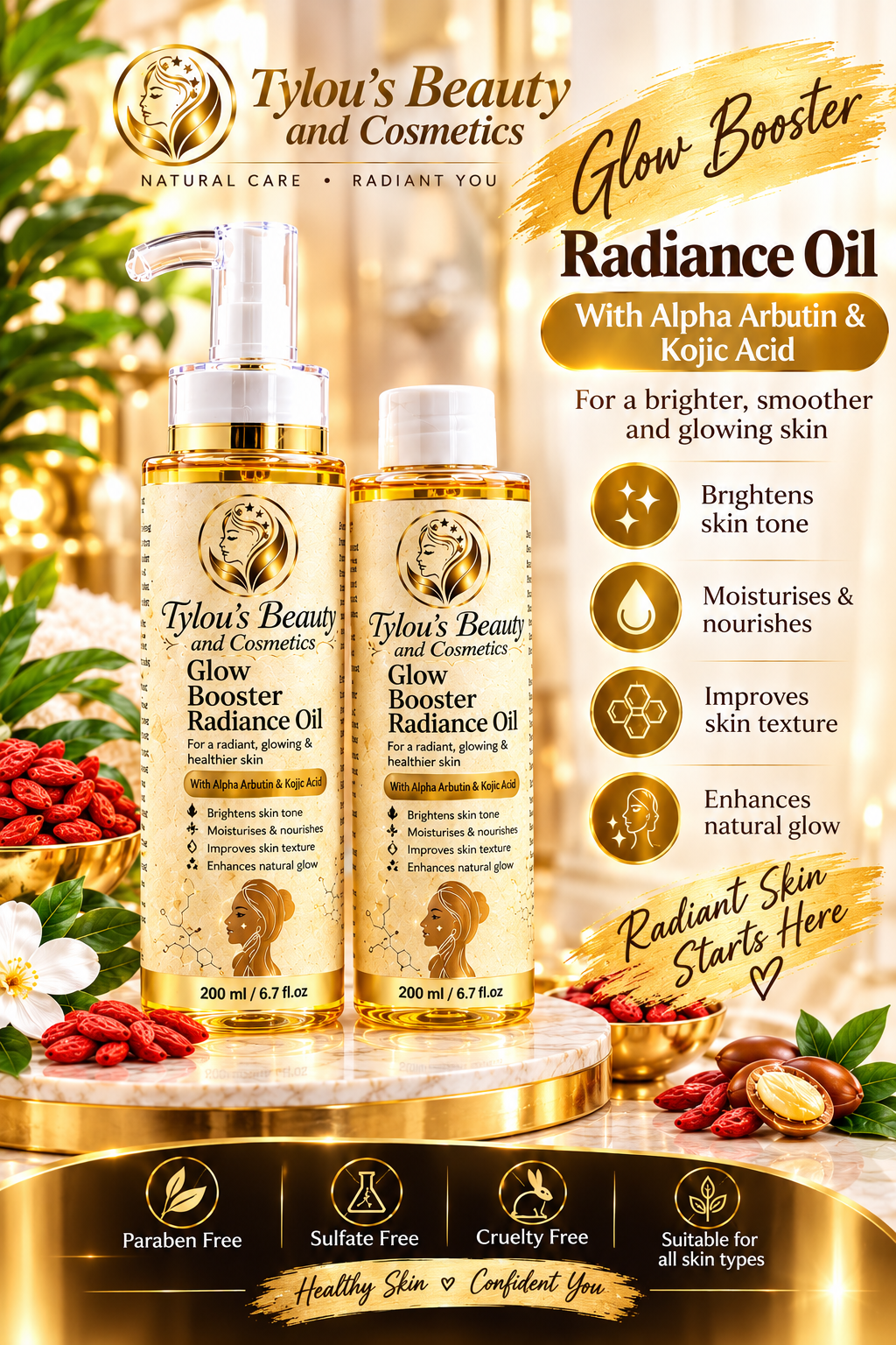 Tylou’s Beauty and Cosmetics – Glow Booster Radiance Oil with Alpha Arbutin & Kojic Acid
