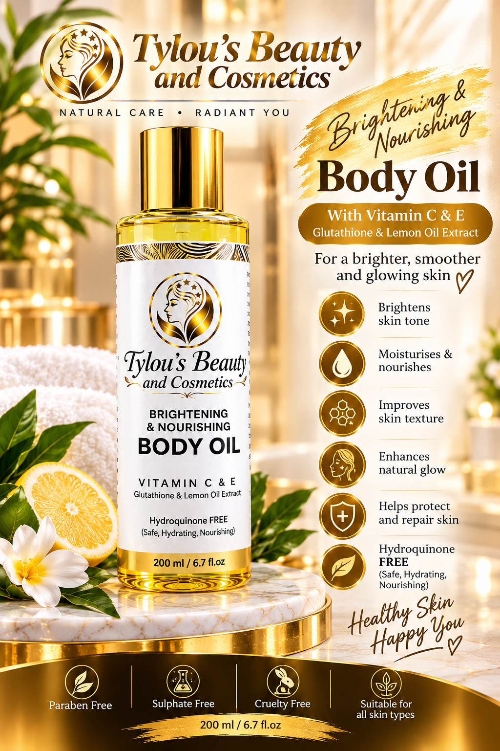 Brightening & Nourishing Body Oil with Vitamin C & E, Glutathione & Lemon Oil Extract.