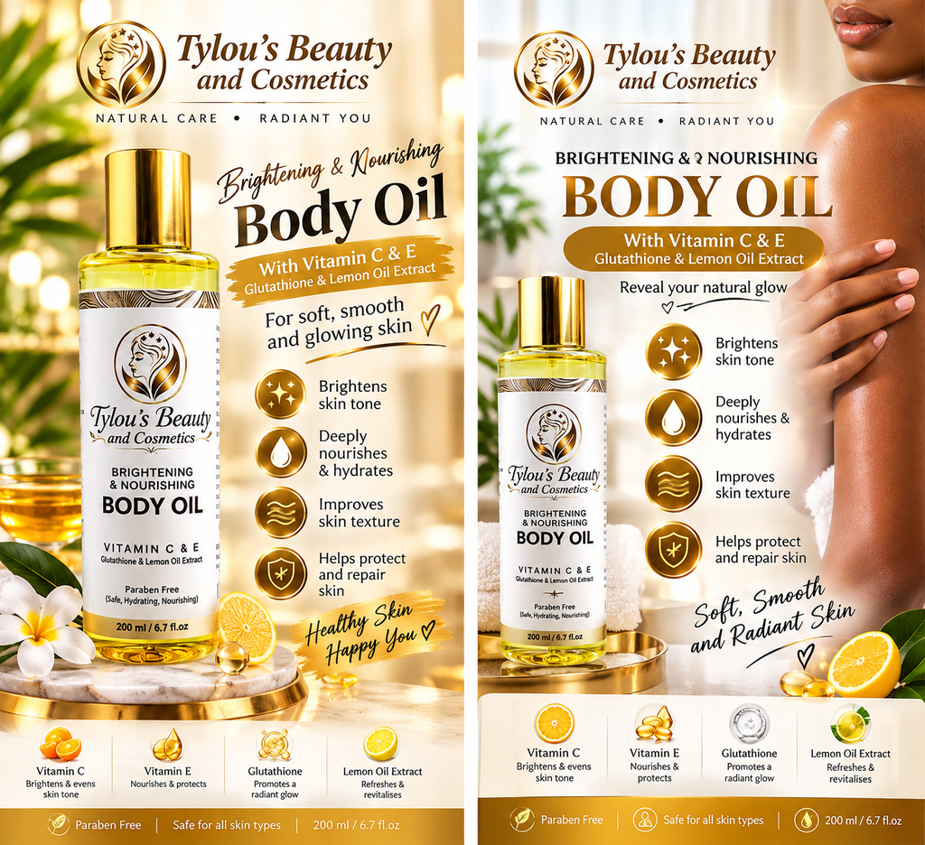 Brightening & Nourishing Body Oil with Vitamin C & E, Glutathione & Lemon Oil Extract.